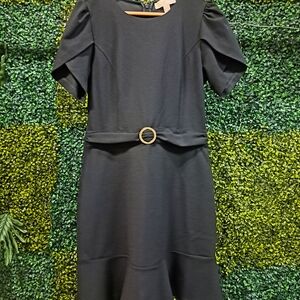 Michael Kors Black Midi Dress with Gold Ring Detail